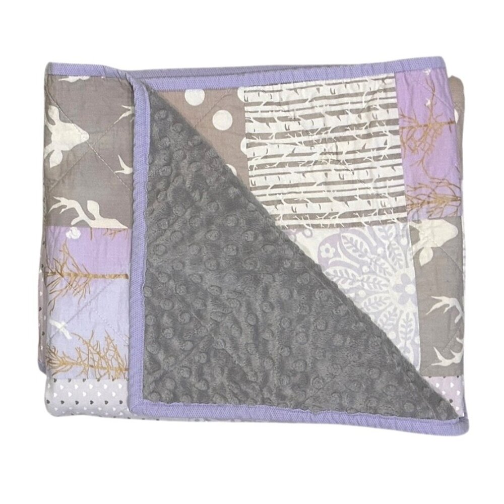Handmade Woodland Baby Quilt Mauve Deer Wolf Birch Trees Nursery Crib Cozy Cabin